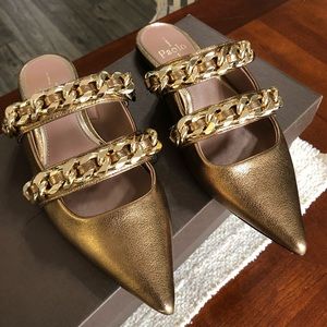 Linea Paolo Aural Gold Chain Flat Mules Pointed Toe